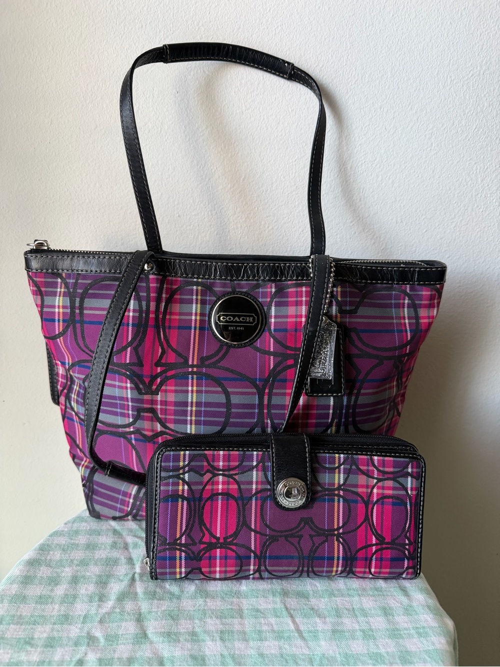 BUNDLE Coach Poppy Tartan Purple and Pink Plaid Tote Bag and Wallet Set F15229